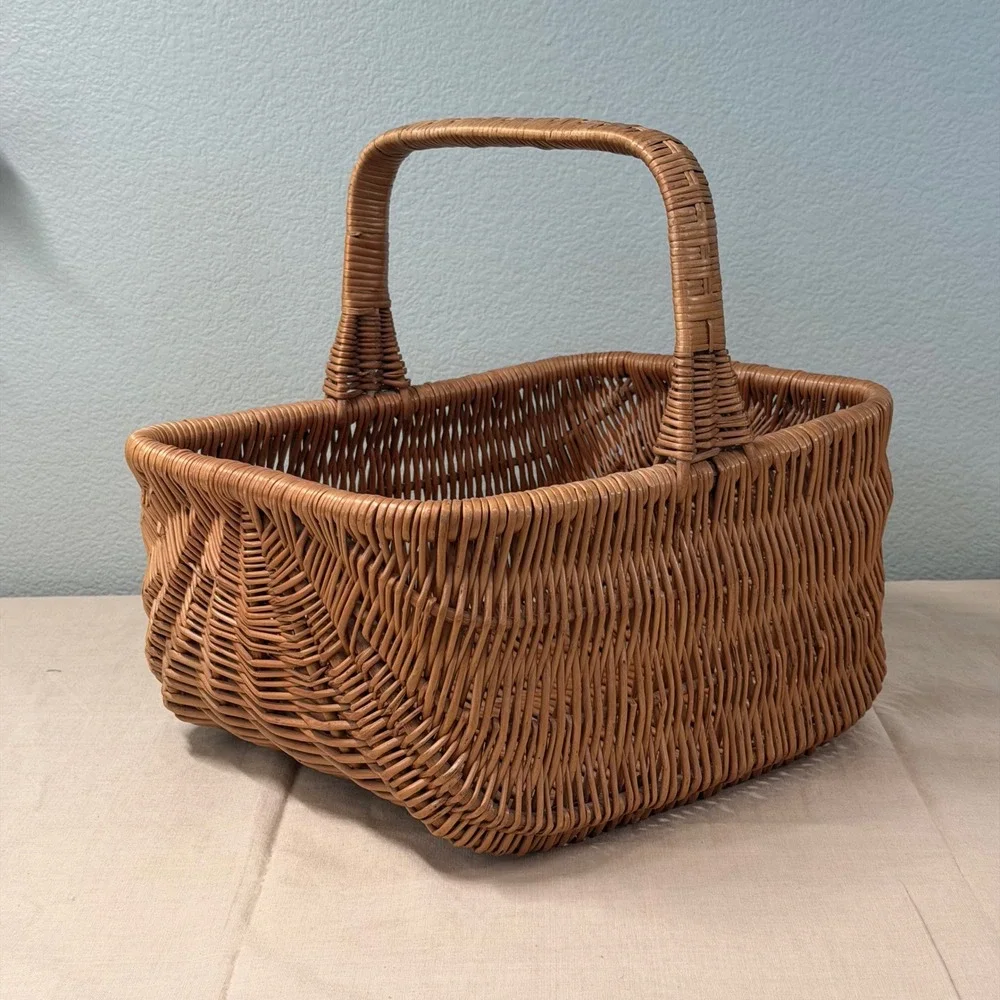 Vintage Wicker Gathering Basket Large Handled Market Harvest Basket
